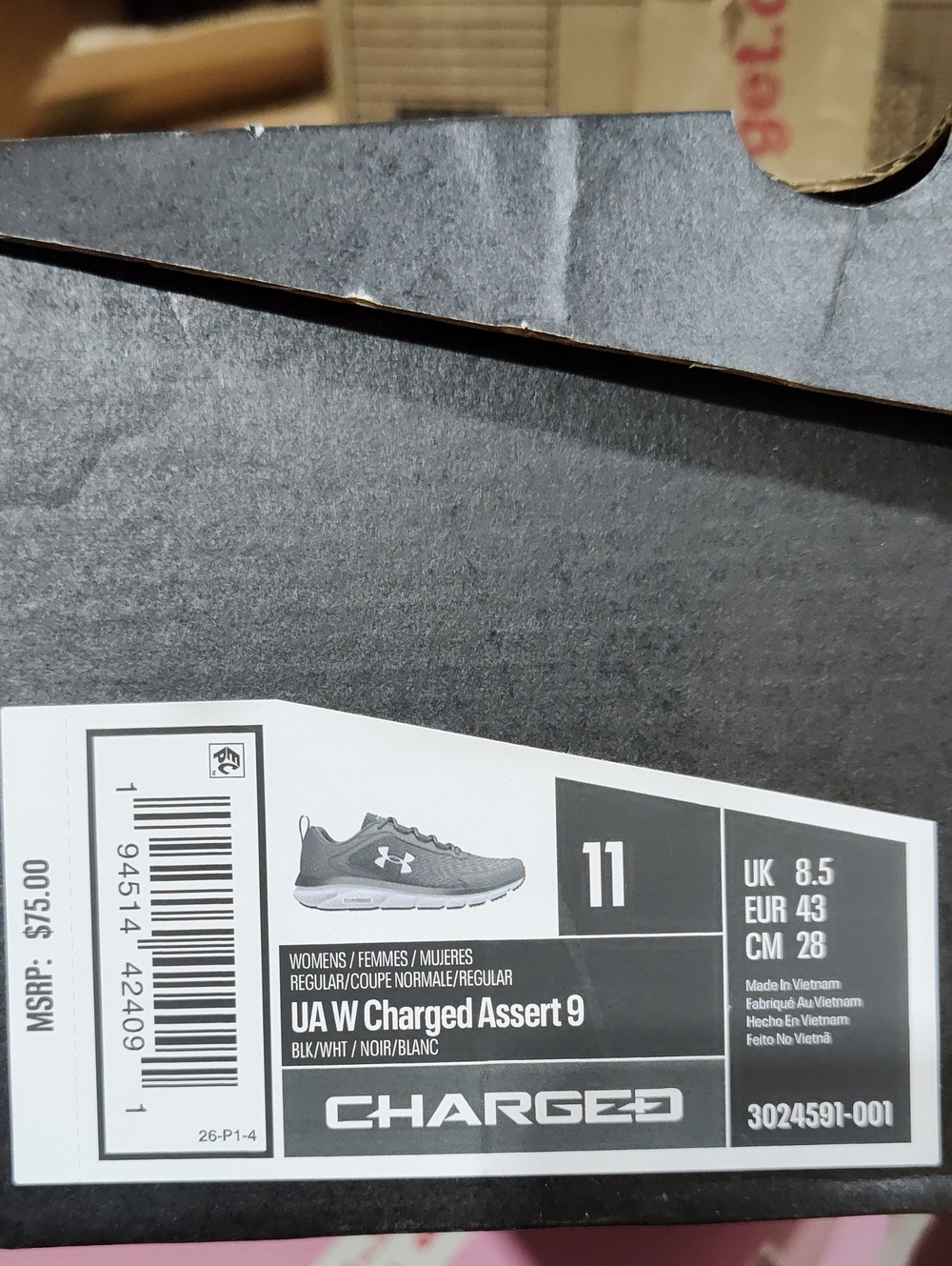 Under Armour Charged Assert 9 Women's Running Shoes - Black/White Size 11, NEW